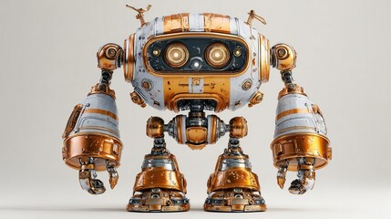 A charming, squat robot with a spherical body, predominantly white and gold metallic finish, featuring visible joints and rivets, stands against a r