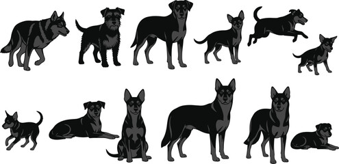 Stylized cartoon dogs in various poses and breeds, black and gray vector illustration, pet behavior, animal diversity, clean design