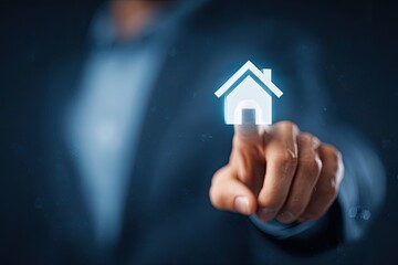 Businessperson's finger touches a digital house icon