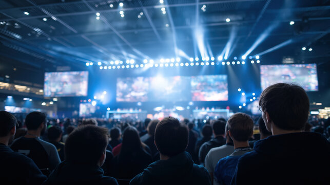 Convention game event with large crowd watching esports tournament on stage with big screens and bright spotlights in arena.