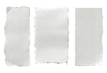 Three detached, rectangular paper pieces, light gray tone, uneven edges