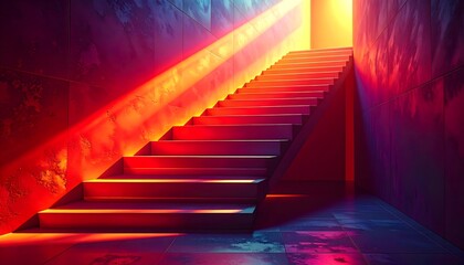 A neon-lit staircase ascends toward a bright, unknown light, casting a vibrant, futuristic glow in a dark room.