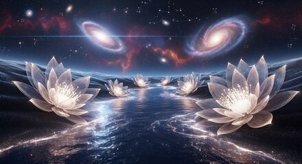 Spiritual concept with cosmic lotuses in water against a galaxy backdrop. Perfect for meditation, mindfulness, yoga, new age, or healing-themed visuals and designs.
