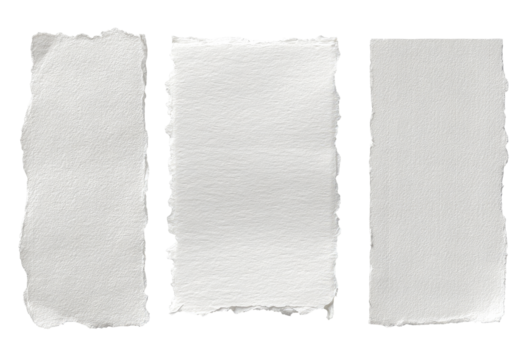 Three detached, rectangular paper pieces, light gray tone, uneven edges