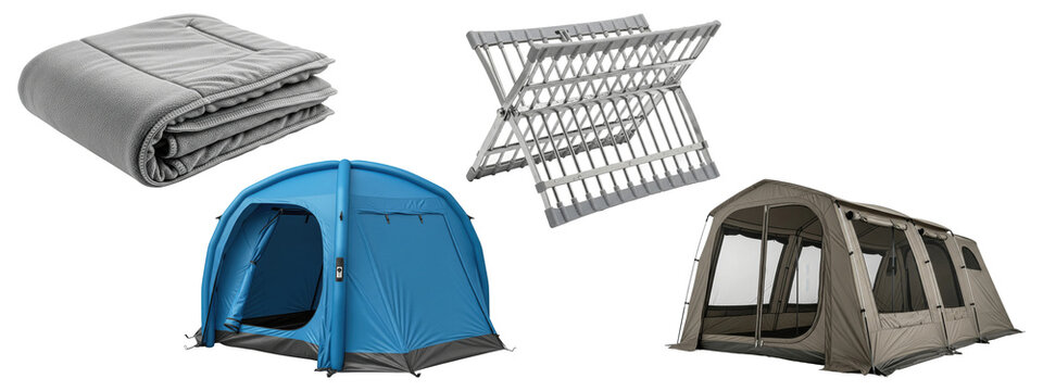 Collection of various modern camping equipment for family vacation