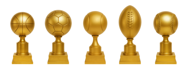 Collection of golden sports trophies basketball soccer tennis football baseball awards isolated on transparent background professional 3d illustration