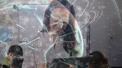 Teacher tapping tablet screen and bringing up rotating globe overlay for digital education - Powered by Adobe