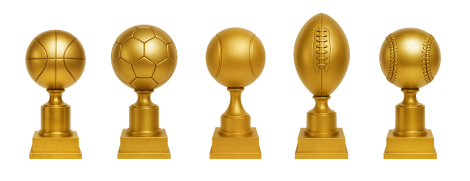 Collection of golden sports trophies basketball soccer tennis football baseball awards isolated on transparent background professional 3d illustration