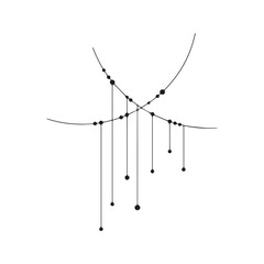 Minimalist abstract geometric line art with hanging circles and dots. Modern black and white vector illustration on a white background with copy space.

