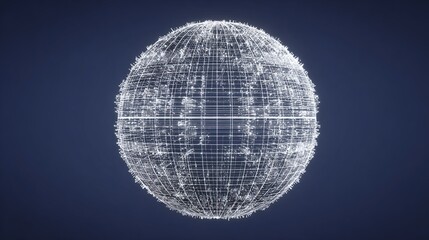 A digital sphere composed of a grid-like structure and numerous small, glowing particles, set against a dark blue backdrop.  The sphere appears three-