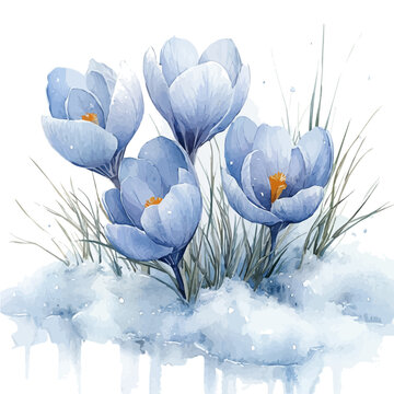 watercolor of Crocus Flowers Melting Snow, vector, isolated on a white background.