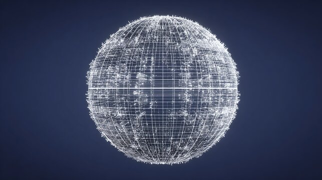 A digital sphere composed of a grid-like structure and numerous small, glowing particles, set against a dark blue backdrop. The sphere appears three-