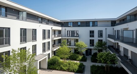Fototapeta premium Apartment building courtyard, modern architecture, residential complex, inner garden, balconies, contemporary design, real estate, property, 