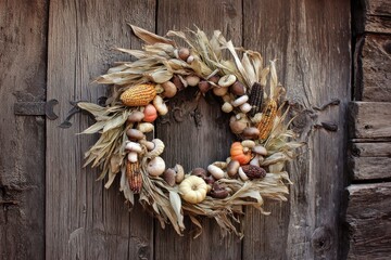 Autumn Harvest Wreath on a Rustic Wooden Door A Festive Decoration