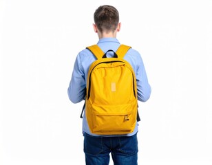Young man wearing a yellow backpack, viewed from behind