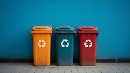 Three Colorful Recycling Bins Against a Teal Wall: Waste Management, Environmental Responsibility, Sustainable Living.
