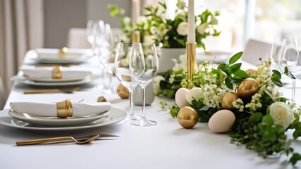 Elegant Easter Table Setting with Floral Arrangement and Golden Accents
