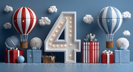 USA podium display with balloon and gift box, 4 numbr, Fourth of July independnce day, copy space text, D rendering illustration