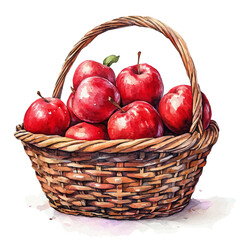 Crisp Apples Autumn Basket, watercolor clipart vector, isolated on a white background.