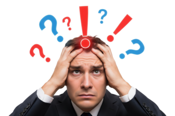 Confused and stressed businessman holding his head with question and exclamation marks.