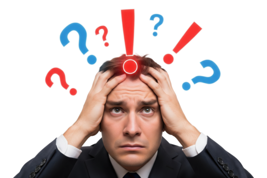 Confused and stressed businessman holding his head with question and exclamation marks.