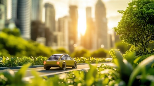A green city with solar-powered vehicles on the road, on blurred background - Powered by Adobe