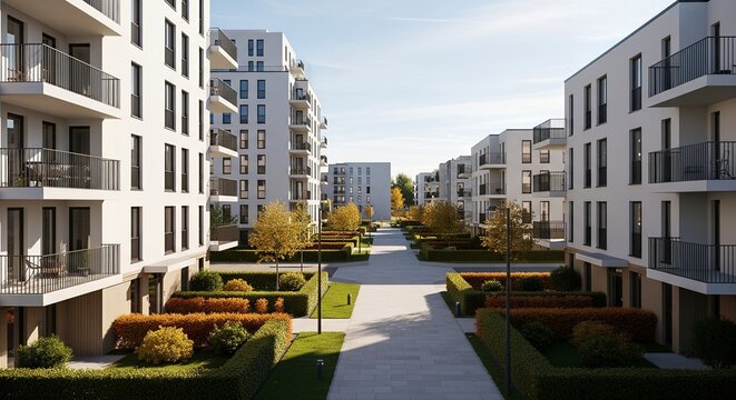 Apartment complex pathway, autumn foliage, modern architecture, residential building exterior, landscaped gardens, urban design,  
