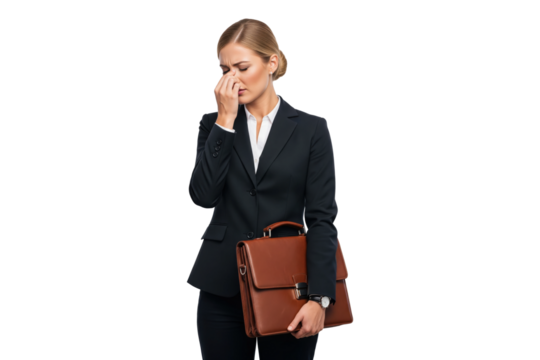 Stressed businesswoman in a suit feeling tired with a headache from overworking.
