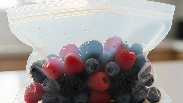 Fresh Berries Mix: Raspberry, Blueberry, Blackberry in Reusable Plastic Zip Lock Bag on White Table, Healthy Eating, Food Storage, Close Up