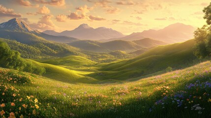 Fototapeta premium Lush rolling green hills on blurred background