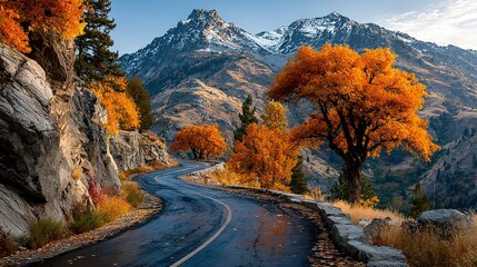 Obraz premium Winding road through mountains with autumn foliage and snow-capped peaks.