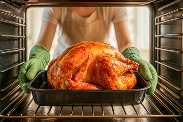 Golden roasted turkey in a black roasting pan being placed into a kitchen oven by a person wearing green oven mitts, symbolizing the tradition of preparing Thanksgiving dinner, family gatherings