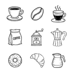 Hand Drawn Coffee and Breakfast Items Doodle Vector Illustrations Set