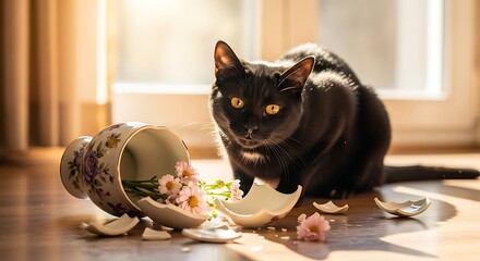 Mischievous Black Cat with Broken Vase and Scattered Flowers in Golden Sunlight