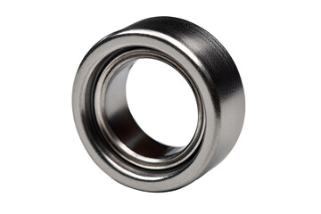 Close-up of a metallic, circular bearing.  A smooth,  brushed-finish ring with an inner circle