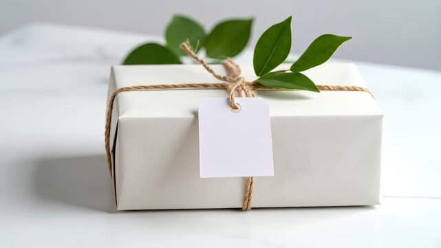 Wrapped gift, white paper, twine, tag, and leaves
