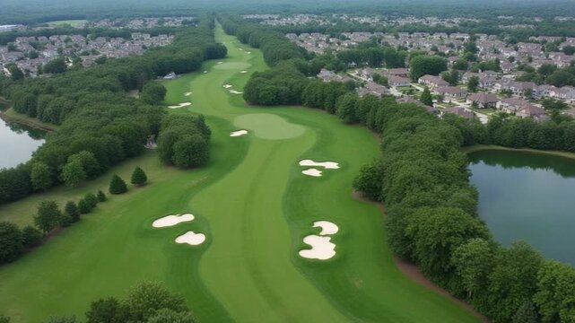 Aerial view of golf course and residential area surrounded