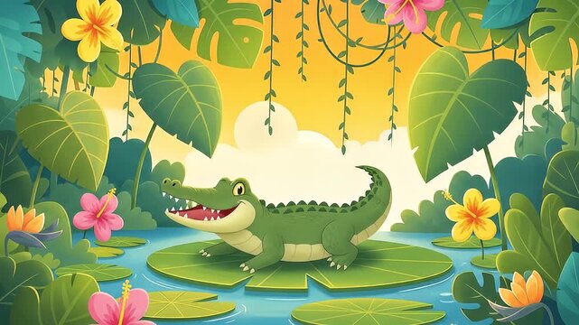 Happy Cartoon Alligator on Lily Pad in Sunny Jungle