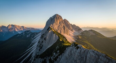 Majestic mountain peak at dawn.  Sunrise over alpine ridges