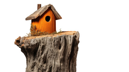 Wooden birdhouse on old tree stump with rustic natural details isolated on white background