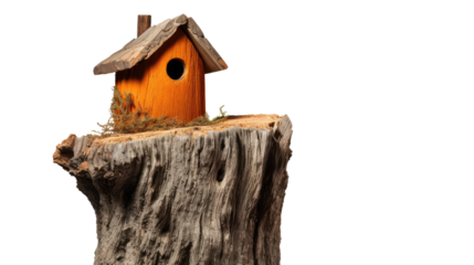 Wooden birdhouse on old tree stump with rustic natural details isolated on white background