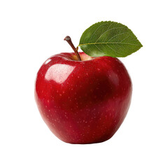 Close-up of a glossy red apple with a leaf