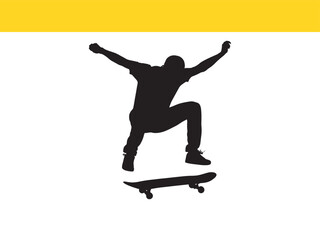 Silhouette of a Skateboarder Performing a Trick Against a White Background with Yellow Accent Creating a Bold and Dynamic Composition