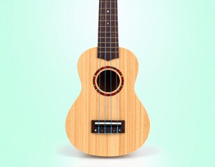 Fototapeta premium Close-up view of a light-colored ukulele, showcasing its wooden body and fretboard.
