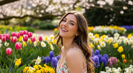 Happy young woman enjoying spring season in blooming flower garden
