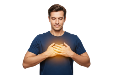 Man with a glowing heart holding his chest to express gratitude and self-love.
