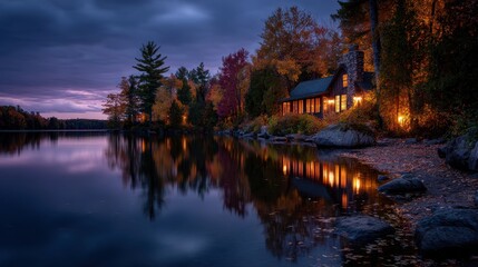 Peaceful Lakeside Cabin at Dusk with Autumn Foliage and Calm Waters