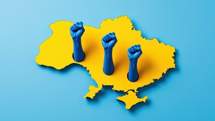 Three blue fists rise from the map of ukraine symbolizing strength and resilience