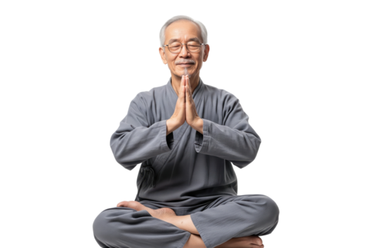 Peaceful senior Asian man in traditional clothes meditating in a lotus pose with a smile.