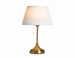 A simple, brass-colored table lamp with a white pleated shade.
